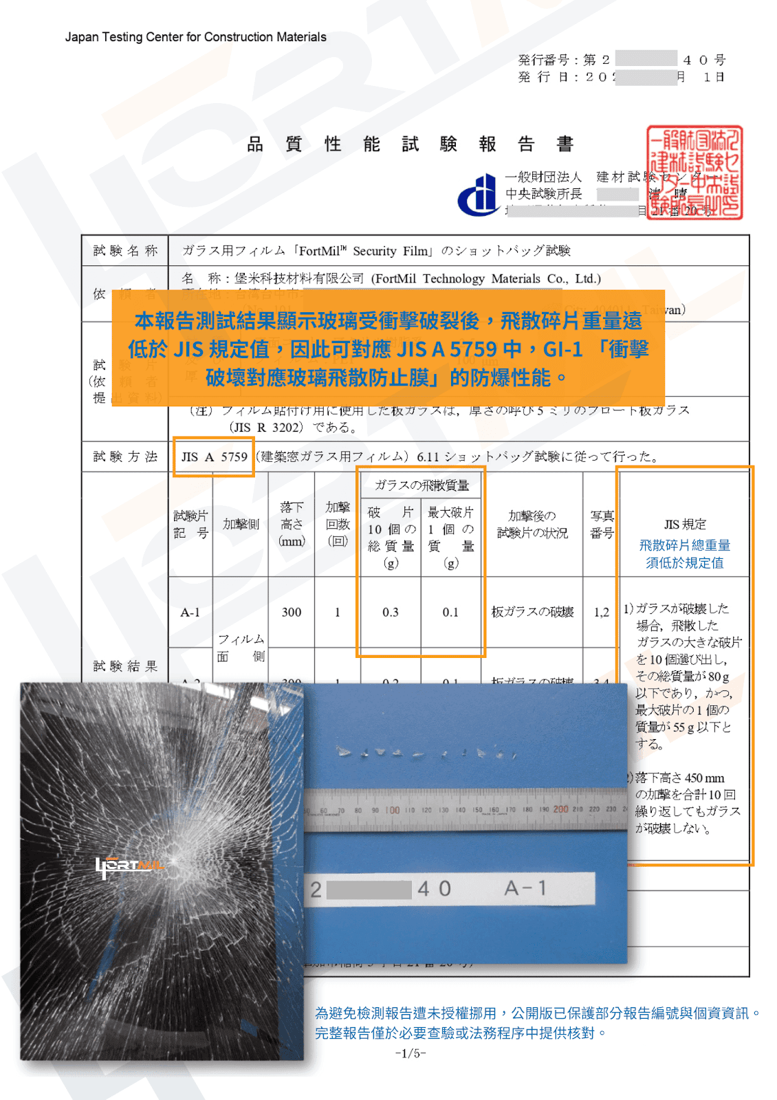 FortMil™ 堡米 JIS A 5759 GI-1 防爆檢測報告公開版